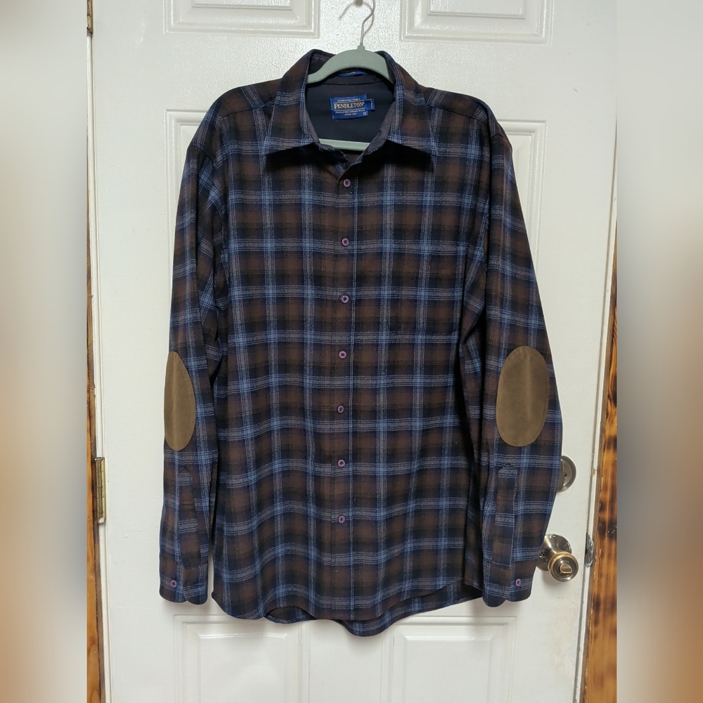 Pendleton Trail Shirt Wool Flannel Suede Elbow Patch Blue Brown Plaid Mens LT